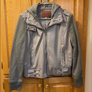 Gray Faux Leather Hooded Moto Jacket